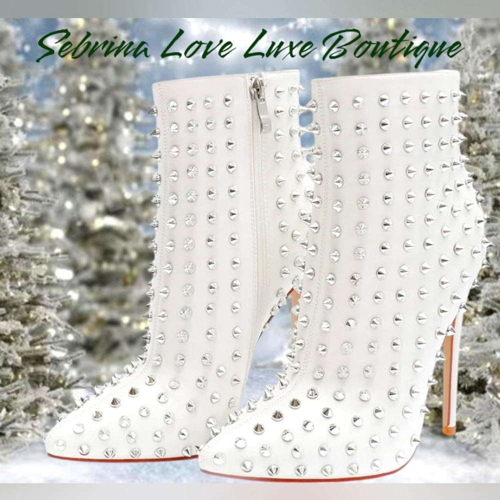 Sexy Edgy White Silver Spiked Ankle Boots
